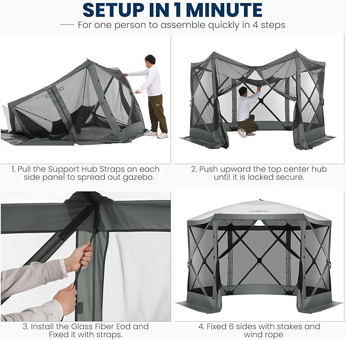 COBIZI Pop Up Gazebo Screen Tent Screen House for Camping, 12x12 Screen Room with Mosquito Netting, Hub Tent Instant Screened Canopy with Carrying Bag and Ground Stakes, Gray
