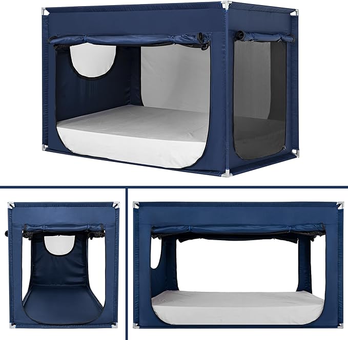 Twin Bed Canopy Portable Blackout Bed Tent Privacy Tent for Adult Indoor Sleeping with 3 Doors, Storage Bag, Navy Blue