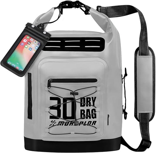 Dry Bag Waterproof,5L/10L/20L/30L Roll Top Dry Bag Backpack with WaterProof Phone Case for Swim,Kayak(Light Grey 30L)
