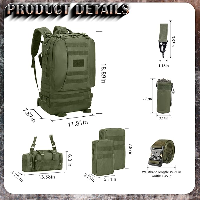 60L Tactical Backpack Military 3-Day Assault Pack, Waterproof Molle System Rucksack with Detachable Bag, Survival Bug Out Backpack for Men & Women(ArmyGreen)