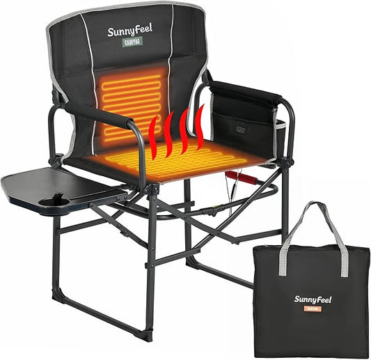 SUNNYFEEL Heated Camping Directors Chair, Heavy Duty,Oversized Outdoor Portable Heating Folding Chair with Side Table, Pocket for Beach, Fishing,Trip,Picnic,Lawn,Concert Foldable Camp Chairs