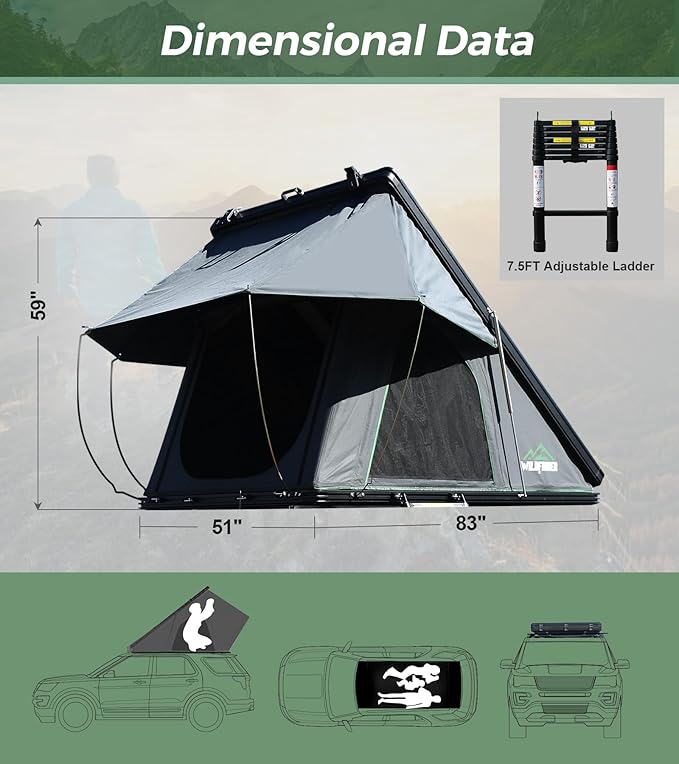 Rooftop Tent Hard Shell Roof Top Tent Hardshell Suitable for Jeep SUV Truck Van, 2-3 Person, Gray