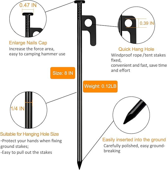 RIY Tent Stakes Heavy Duty 8 inch Metal Tent Pegs for Camping Steel Tent Stakes Inflexible and Unbreakable-16 PCS