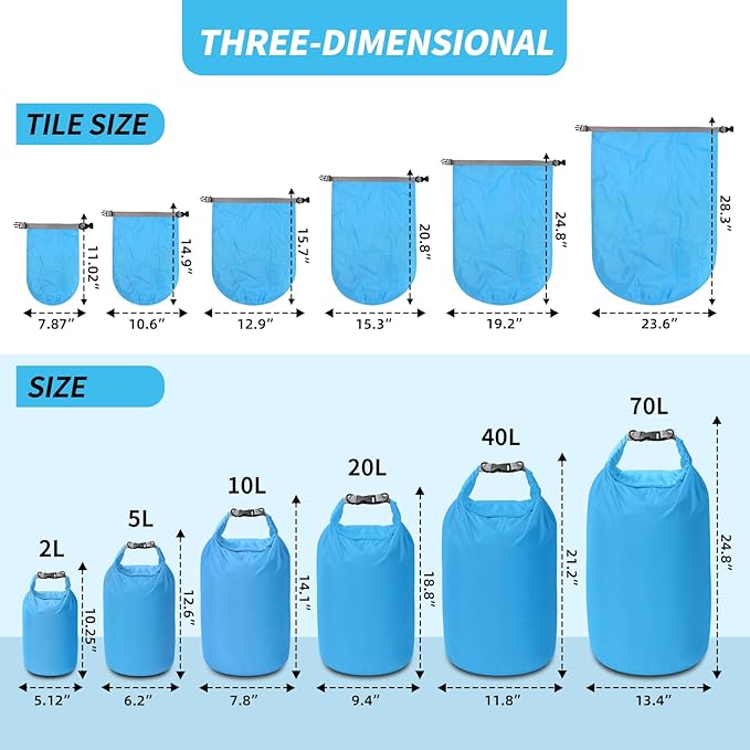 Dry Bag Set, Waterproof Small Lightweight Dry Bags for Paddle Board Kayaking, Fishing, Camping (Blue, 40L 2Pack)