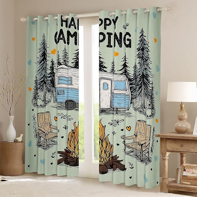 Feelyou Green Camping Camper Rv Curtains for Bedroom Living Room Happy Camping Blackout Darkening Drapes Rustic Farmhouse Window Treatments, 2 Panels 38 x 45 Inch Room Decor