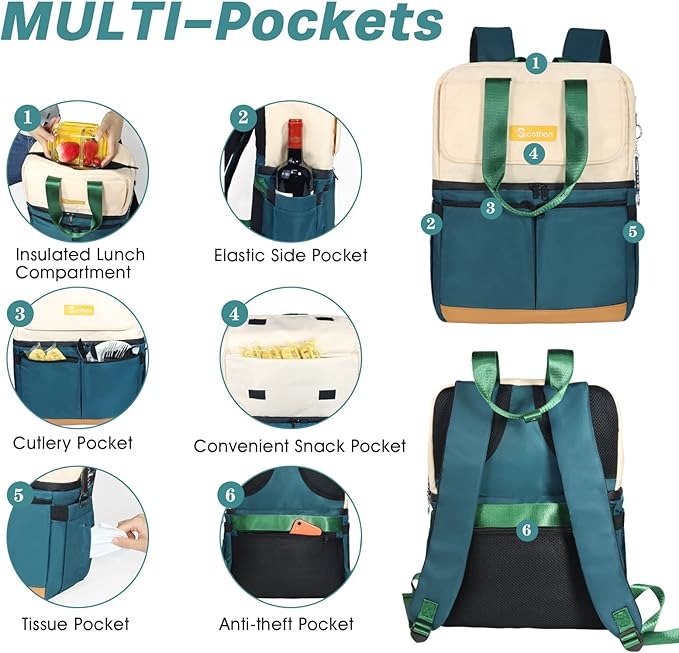 Backpack Cooler with Double Decker & 12 Ice Packs- Keeps 36 Cans Cold for Up to 8 Hours- Waterproof & Leak Proof Insulated Cooler Backpack- Stylish Cooler Bookbag for Women Travel Work Beach