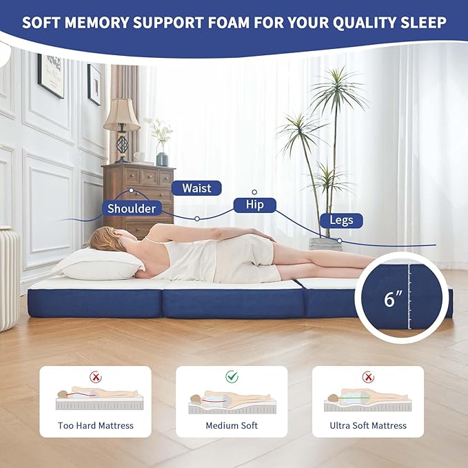 CYMULA Folding Mattress Single Size,6 inch Memory Foam Tri Portable Trifold Mattress Topper Single with Breathable & Washable Cover, Foldable Guest Bed for Camping(25"×75"×6")