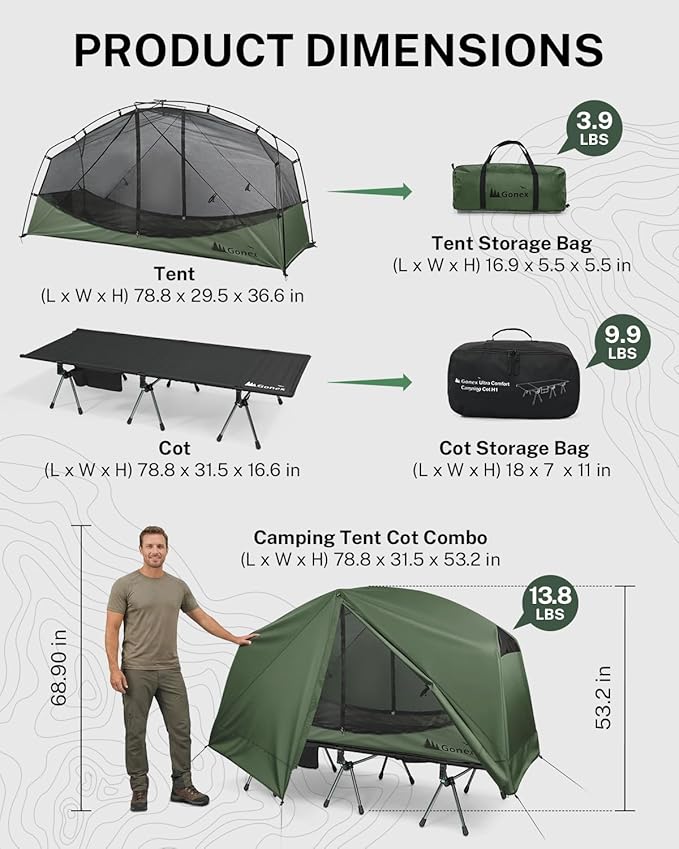 Gonex Camping Tent Cot for Adults, 1-Person Off-Ground Folding Portable Easy Set-up Tent Cot Combo Supports 350lbs for Hiking, Backpacking, Car & Motorcycle Camping(31.5" W X 78.7" L)-Army Green
