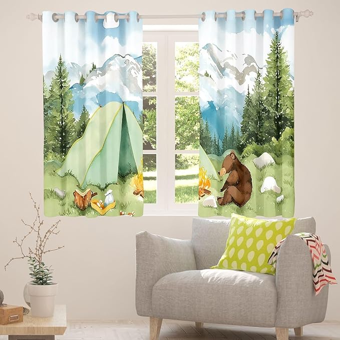 Feelyou Cartoon Camping Camper Curtains for Bedroom Living Room Cute Tent Bear Blackout Shades Mountain Adventure Room Darkening Curtain Window Treatments, 2 Panels 42 x 90 Inch Decor
