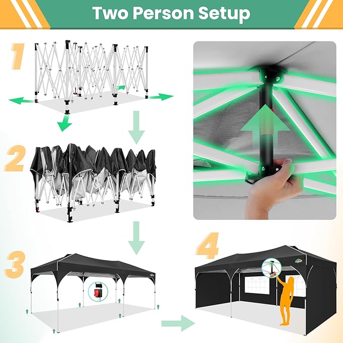 COBIZI 10x20 Pop Up Canopy Tent with 4 Sidewalls, Instant One-Push Setup, Commercial Canopy with Air Vent & Reflective Strip, UPF 50+ Waterproof Party Tent with Sandbags & Stakes for Events (Black)