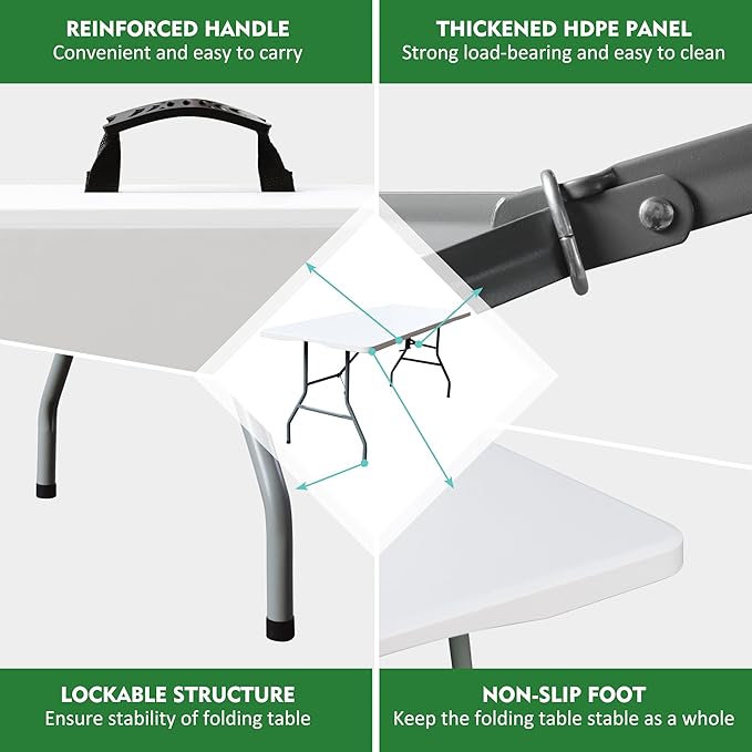 Foldable Table, Plastic 6FT Folding Table, Indoor Outdoor Portable Utility Table with Handle for Party, Camping and Picnic, White
