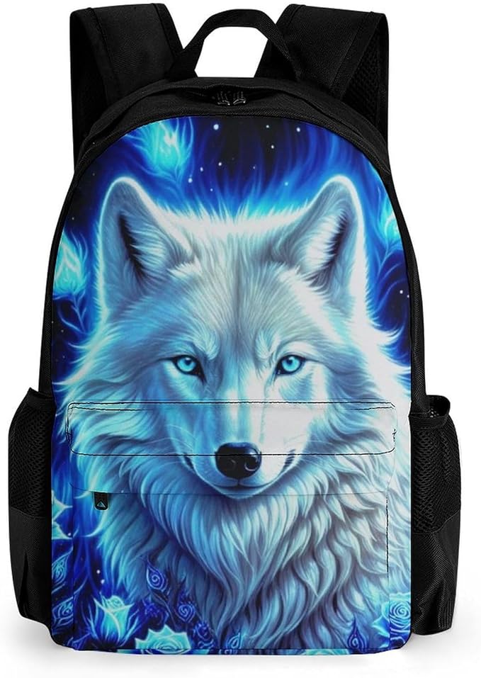 Men Women Polyester White Galaxy Wolf With Blue Rose Daypack Backpack Large Capacity Carry On Bag With Smooth Zippers for Hiking Picnic Walking Cycling
