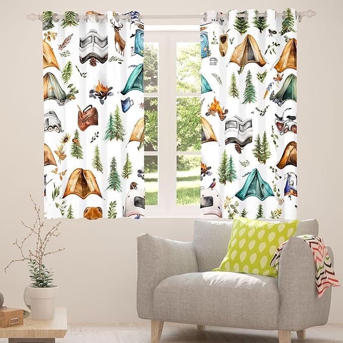 Feelyou Camper Theme Curtains for Bedroom Living Room Happy Camping Blackout Darkening Drapes Travel Car Rv Window Treatments, 2 Panels 42 x 84 Inch Cute Camper Room Decor