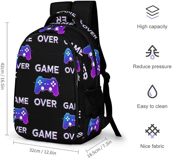 Laptop Backpack Video Games Joystick Game over, Sturdy Water Resistant College Bookbag with Water Bottle Pockets for Business Travel Commute