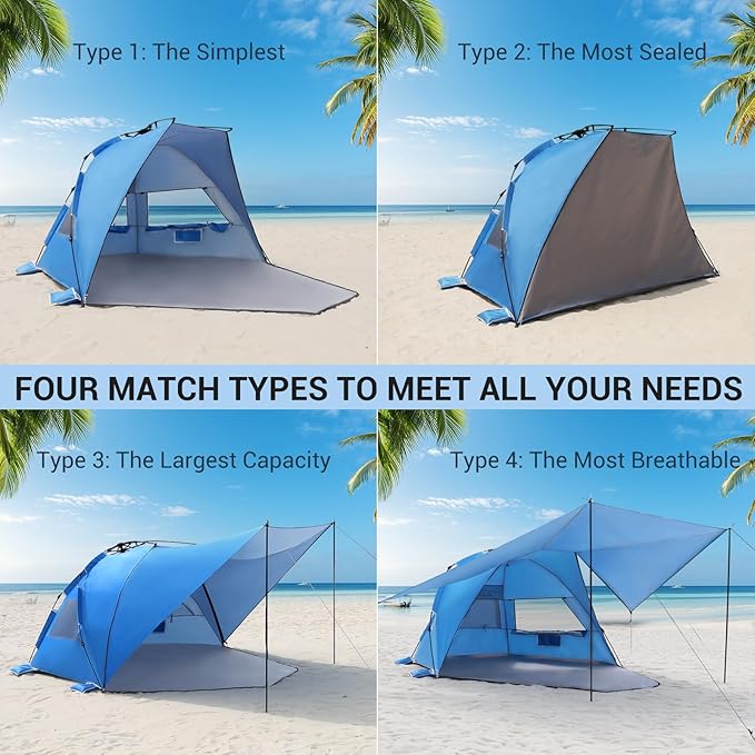 Elegear CumbreX™ Beach Tent with 360° Removable Canopy, 4-6 Person Pop Up Sun Shade Shelter, UPF 50+ Automated Installation Double Silver Coating Portable Lightweight Beach Cabana for Beach/Outdoor