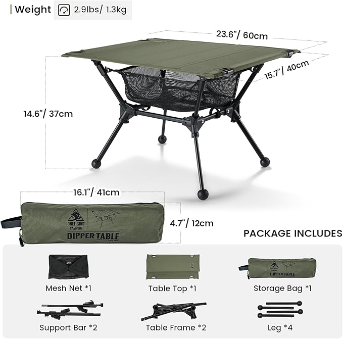 ONETIGRIS Dipper Camping Table, Lightweight Portable Folding Table with Mesh Storage Net, High/Low Options, Ideal for Camping, Hiking, Tailgating, Beach, Picnic, Travel, Backyard