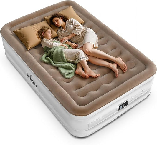 iDOO Full Size Air Mattress with Built in Pump, Inflatable Blow Up Mattress for Home, Guests & Camping, Upgraded Wave Beam Support, Flocked Top & Fast Inflation, Portable Air Bed, Brown
