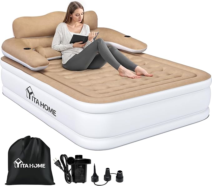 YITAHOME Queen Size Air Mattress with Headboard and Built-in Pump, 18in Blow Up Mattress with Carry Bag, Repair Kit, and Nozzles for Home, Camping, and Travel, Brown