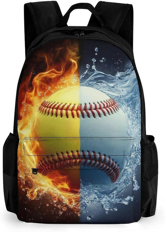 Polyester Daypack Backpack for Sports Travel Running, Big Capacity Anti-Theft Multipurpose Carry On Bag, Ice Water Fire Baseball Ball Laptop Book Bag Rucksack