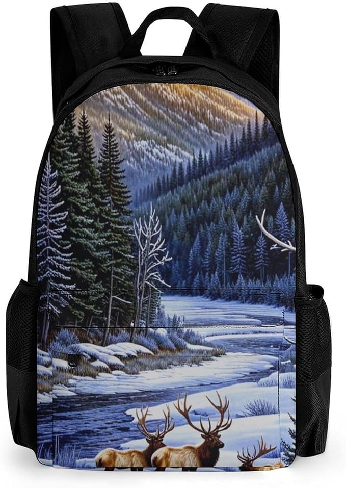 Supdreamc Daypack Backpack Anti-Theft Multipurpose Large Capacity Carry On Bag, Elk Winter Snow Traveling Camping Backpack With Side Pockets