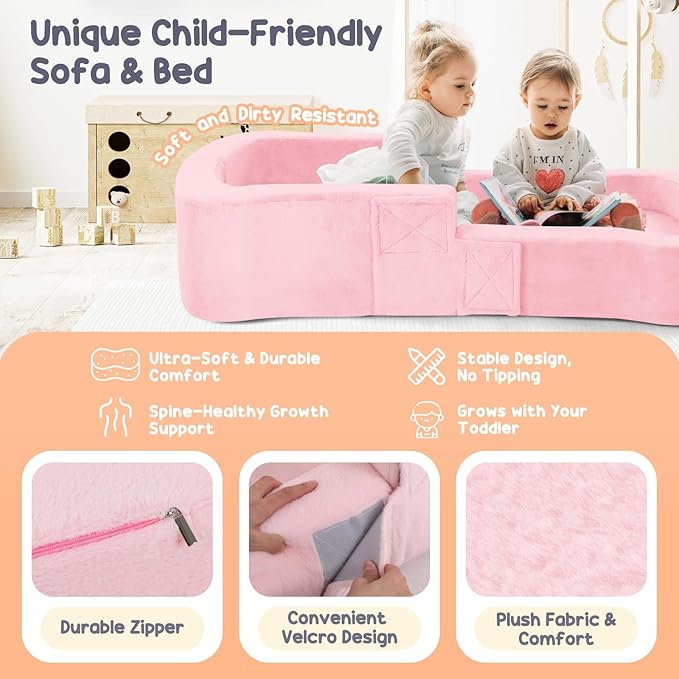 Toddler Travel Bed, 2-in-1 Foldable Portable Toddler Bed Sofa Chair, Soft Baby Kids Travel Floor Cot with Washable Covers Safety Foam Raised Bumper for Camping Hotel Sleeping (Pink)