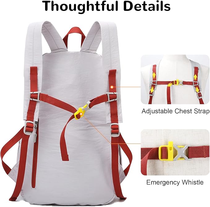 25L Lightweight Hiking Backpack with Chest Strap for Women Men, Foldable Daypack with Waterproof Wet Pocket for Travel, White