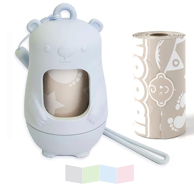 Teddy Bear Diaper Bag Dispenser | Diaper Trash Bags on the Go Dispenser w/Silicon Strap | 15 UNSCENTED Baby Poop Bags per Roll | Dirty Diaper Bags Disposable | Diaper Waste Bags (BABY BLUE)