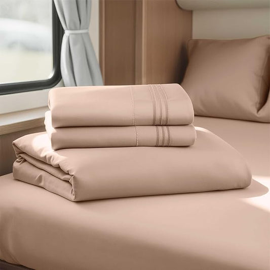 Hearth & Harbor Short Queen Sheets for RV, Khaki RV Queen Sheets, Silky Soft 1800 Microfiber Bed Sheet for Camper, 4 Piece RV Bedding with Pillowcases