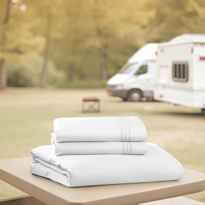 Hearth & Harbor Short Queen Sheets for RV, White RV Queen Sheets, Silky Soft 1800 Microfiber Bed Sheet for Camper, 4 Piece RV Bedding with Pillowcases