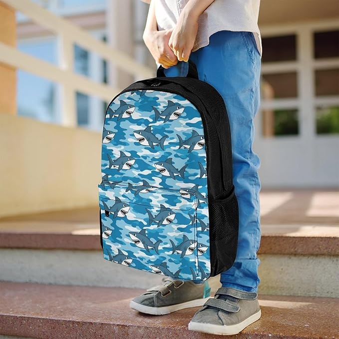 Supdreamc Men Women Polyester Army Blue Camo Shark Art Daypack Backpack Large Capacity Carry On Bag With Smooth Zippers for Hiking Picnic Walking Cycling