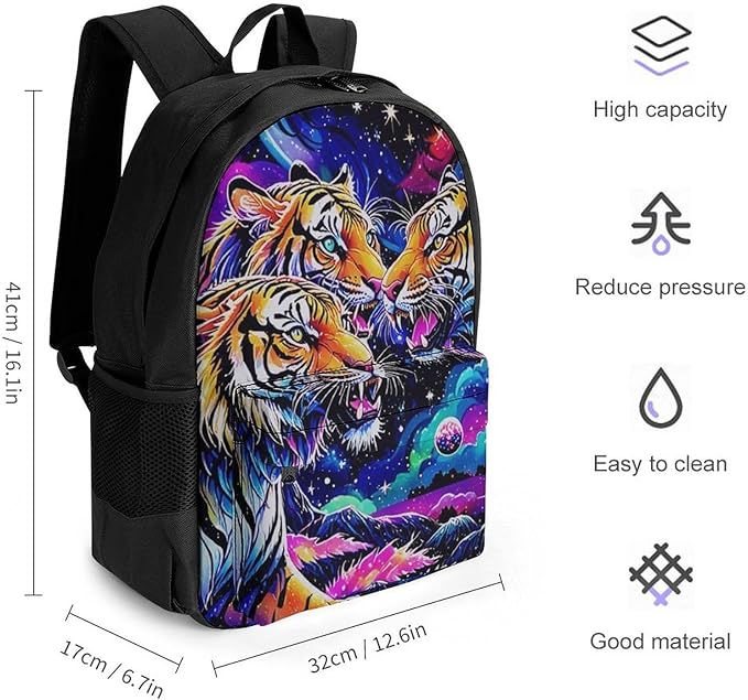 Supdreamc Rucksacks Polyester Anti-Theft Multipurpose Cool Tiger Universe Surreal Style Art Carry On Bag Large Capacity Gym Outdoor Hiking Backpack With Smooth Zippers