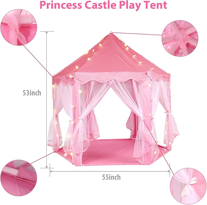 Princess Tent with LED Star Lights,Kids Castle Play Tent for Girls,Large Playhouse Girl Toy Gifts Age 3+,Indoor and Outdoor Games 55.5"x 53"(DxH)