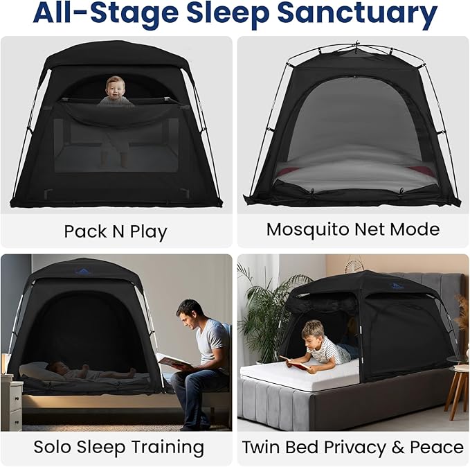 Blackout Sleep Tent for Pack and Play, Toddler Travel Bed, Kids Air Mattress & Cot, CPC Certified Baby Sleep Pod with Fan Pouch Breathable Portable & Easy Setup