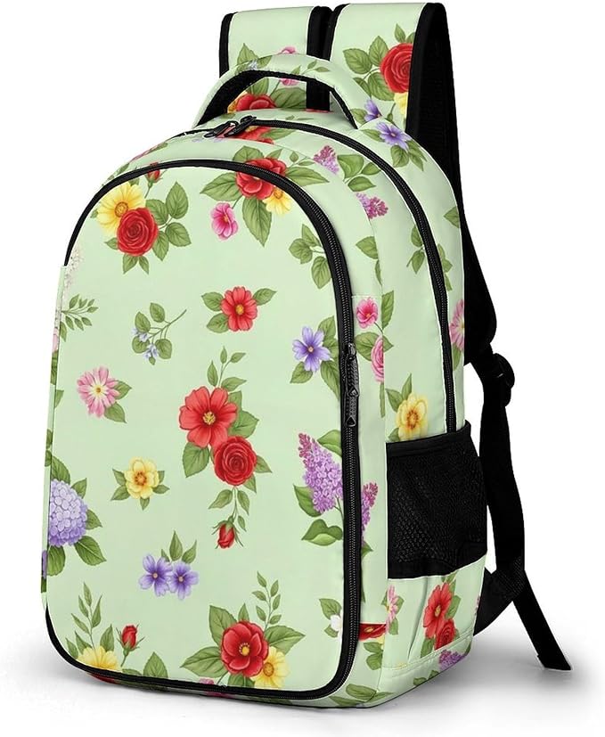 Nurse Teacher Laptop Backpack Shabby Chic Flowers Roses Pedals Dots Leaves Buds Spring Season Theme, Cute Travel Backpack Purse with Tumbler Holder for Women College Work Commute