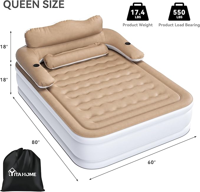 YITAHOME Queen Size Air Mattress with Headboard and Built-in Pump, 18in Blow Up Mattress with Carry Bag, Repair Kit, and Nozzles for Home, Camping, and Travel, Brown