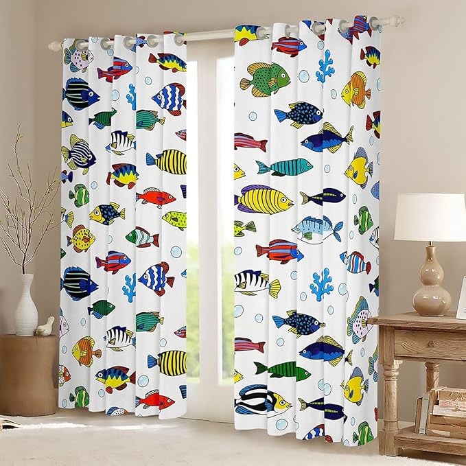 Manfei Cute Fish Blackout Curtains Marine Fish Animals Life Window Drapes,Ocean Fishing Theme Window Treatments,Kids Boys Girls Room Decor,Grommet Top 2 Panel Set Bedroom Curtains, 52Wx96L inch