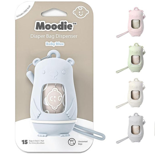 Teddy Bear Diaper Bag Dispenser | Diaper Trash Bags on the Go Dispenser w/Silicon Strap | 15 UNSCENTED Baby Poop Bags per Roll | Dirty Diaper Bags Disposable | Diaper Waste Bags (BABY BLUE)