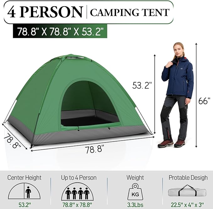 Outvita Camping Dome Tent, 1-4 Person Waterproof Windproof Easy Setup Spacious Family Tents with Carry Bag & Rain Fly for Hiking Backpacking Traveling Glamping Beach