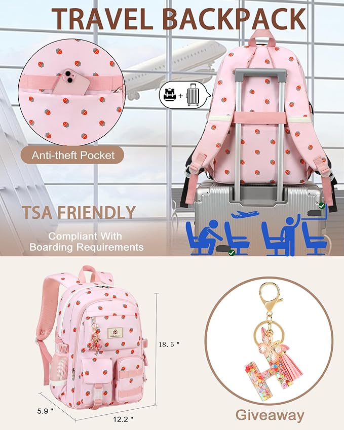 Laptop School Backpack for Teen Girls Women 15.6 Inch Cute College Backpacks Large Elementary Middle High School Bag Kids Student Strawberry Bookbag Anti Theft Travel Casual Daypack (Pink-Strawberry)