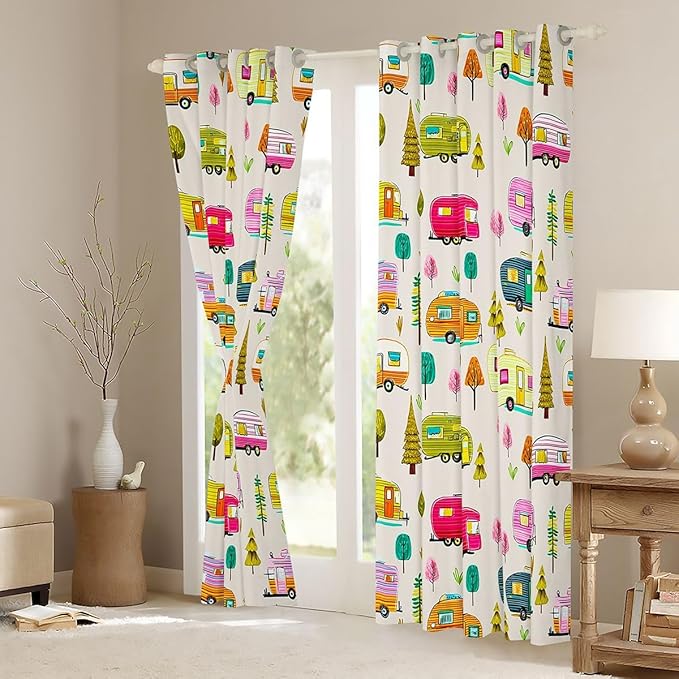 Feelyou Camper Camping Blackout Curtains RV Travel Trailer Darkening Drapes for Bedroom Living Room Decor Camping Theme Thermal Insulated Shades Window Treatments, 2 Panels 52 x 90 Inch