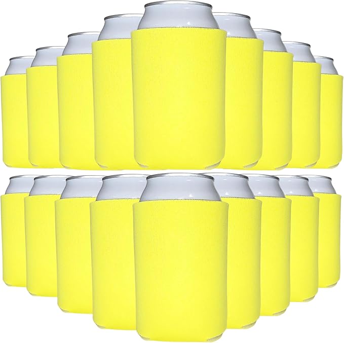 TahoeBay Blank Beer Can Cooler Sleeves (25-Pack) Bulk Sublimation Blanks for Vinyl Plain Soft Foam Can Sleeves Coolers for Soda Cans & Bottles Black, White, Assorted Solid Color (Yellow)