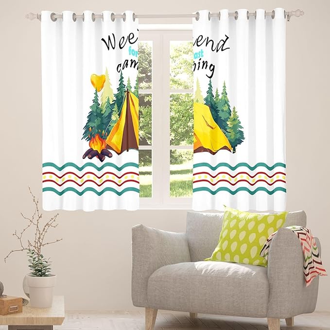 Happy Camping Adventure Window Drapes,Tent Bonfire Campfire Pine Nature Boys Girls Room Decor,RV Camper Trailer Summer Blackout Curtains,Rustic Green 2 Panels,42Wx84L inch