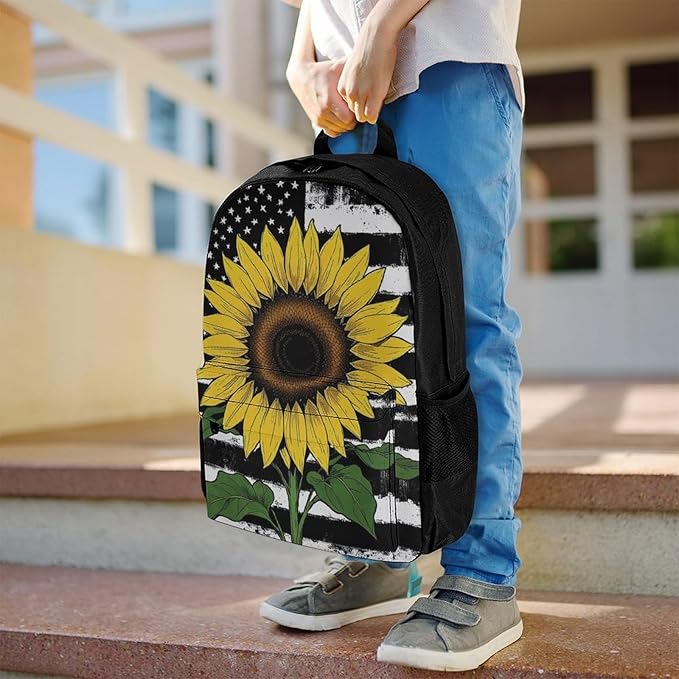 Supdreamc Men Women Polyester American Thin Black Line Flag Sunflower Art Backpack Large Capacity Bookbag With Smooth Zippers for Climbing Picnic Bicycle
