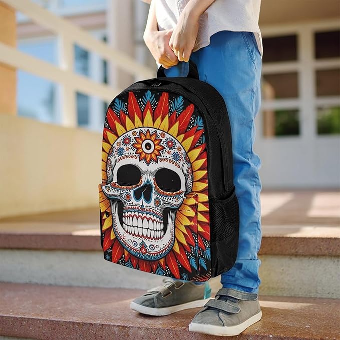 Supdreamc Men Women Polyester Sugar Skull Sun Backpack Large Capacity Bookbag With Smooth Zippers for Climbing Picnic Bicycle