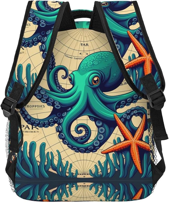 Daypack Polyester Anti-Theft Multipurpose Retro Octopus Art Bookbag Big Capacity Gym Outdoor Hiking Backpack With Adjustable Shoulder Straps