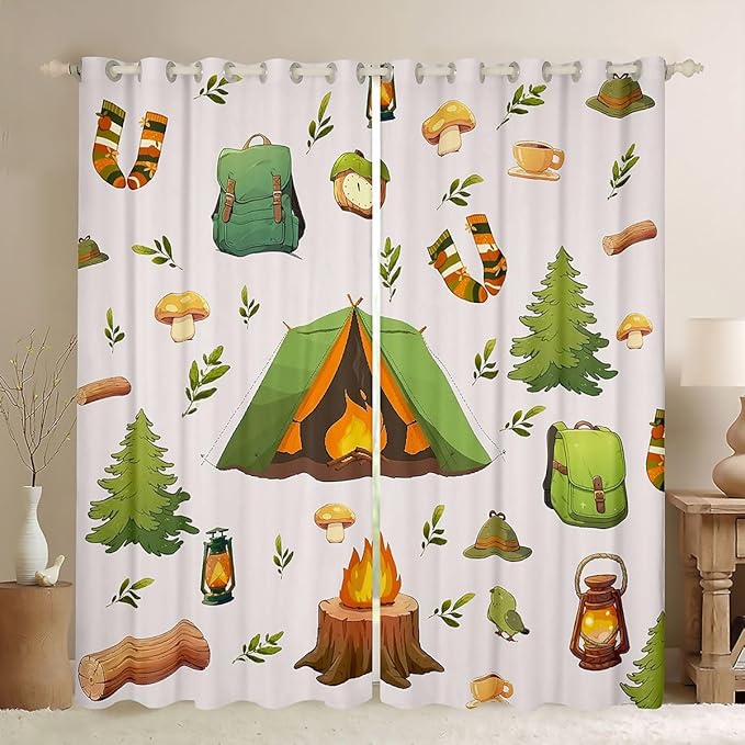 Feelyou Adventure Camping Nature Curtains for Bedroom Living Room Camping Theme Blackout Shades Camper Room Darkening Curtain Window Treatments, 2 Panels 52 x 84 Inch Decor