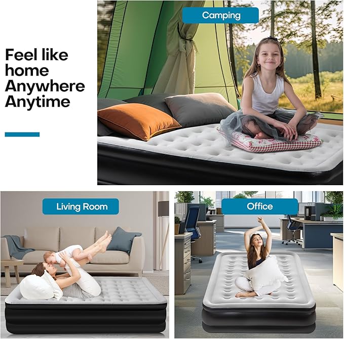 Panana Queen Air Mattress with Built in Electric Pump, Height 18.5" Comfort Blow up Inflatable Guest Air Bed Airbed with Flocked Top, Storage Bag for Family, Home, Camping