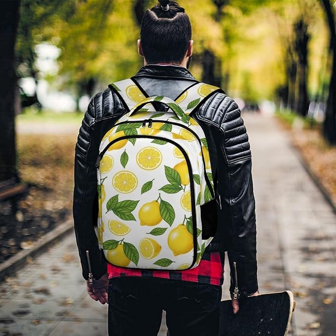 Casual Lightweight Laptop Backpack Yellow Lemon, Cute Travel Daypack with Tumbler Holder for College Nurse Teacher Work Commute
