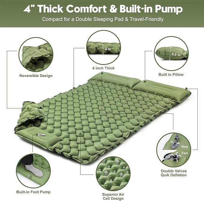Double Sleeping Pad for Camping – 4” Thick Inflatable Camping Mattress 2 Person, Built-in Foot Pump & Pillow, Ultralight Self-Inflating Camping Mat for Tent, Hiking, Backpacking, Traveling
