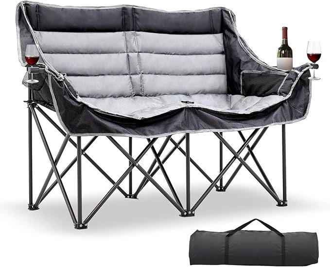 DoCred Double Camping Chair - Oversized Loveseat, 2 Person Camping Chair for Adults Heavy Duty,Two Person Folding Chair with Cup Holder, Supports up to 500 LBS for Outside Picnic Beach Travel